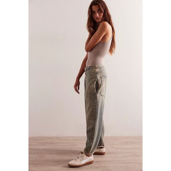 Free People We The Free Osaka Mid Rase Barrel Jeans size 28 Sage Khaki - Picture 3 of 12